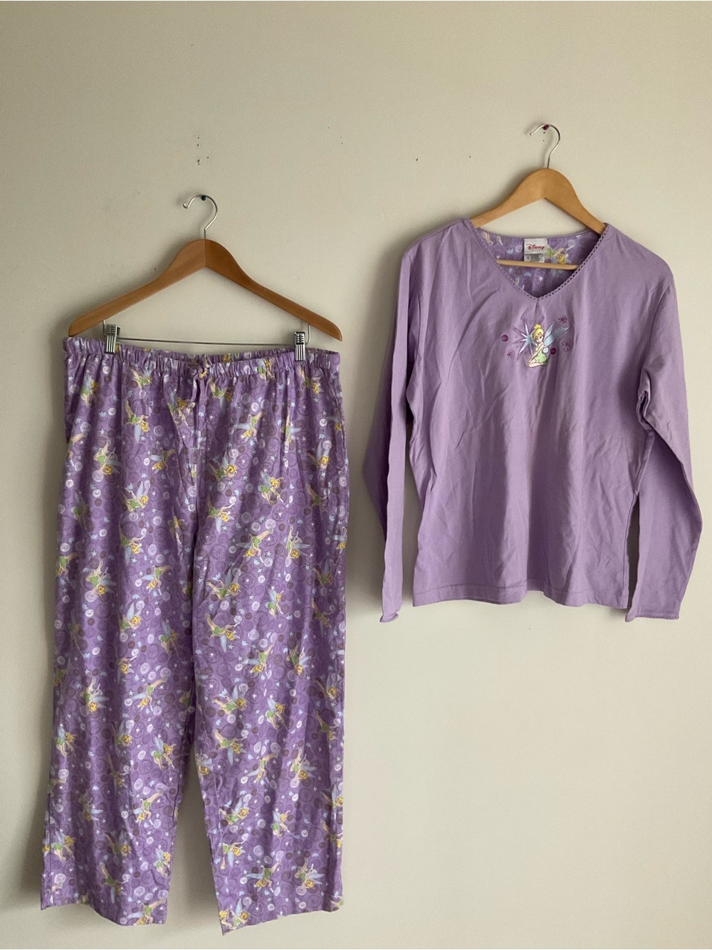Vintage Y2K Disney Tinker Bell Embroidered Pajama Set Lavender Flannel Top Pant